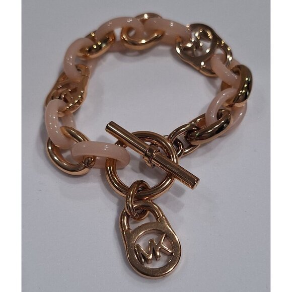 EUC Michael Kors Fulton Gold-Tone and Blush Links Toggle Bracelet - Picture 2 of 7